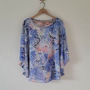 Chico's Sheer Poncho Topper Blue White Butterfly‎ Print Size L/XL